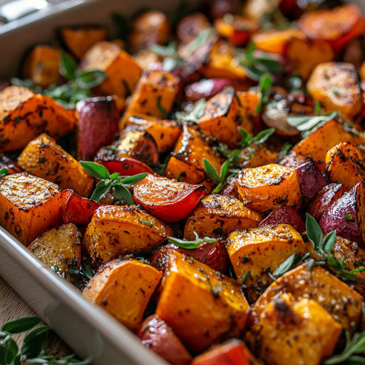 Dish of caramelized yams surrounded by roasted vegetables and herbs