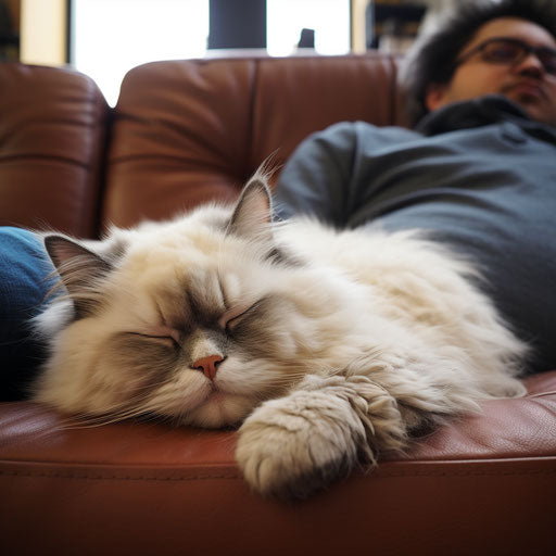 Himalayan cat asleep on a couch with its owner