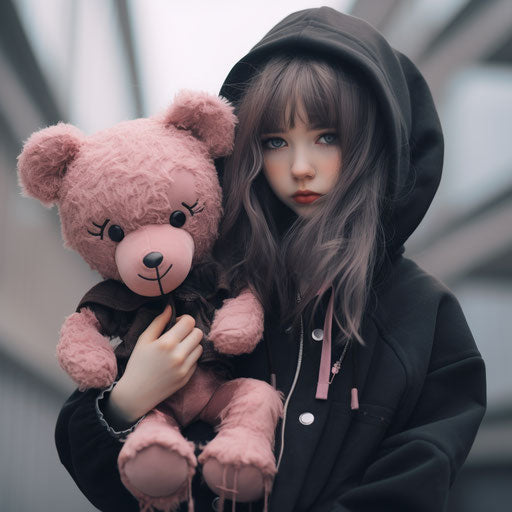 Girl with black mask and teddy bear, animated photo-realism