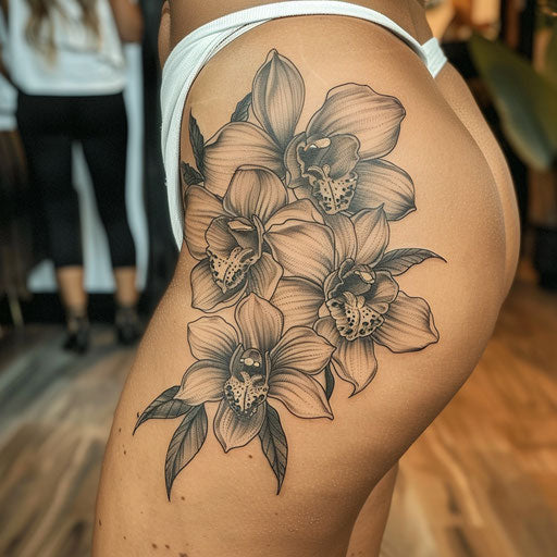 Bold flat tattoo sketch of a birth flower bouquet with dramatic black and white orchids