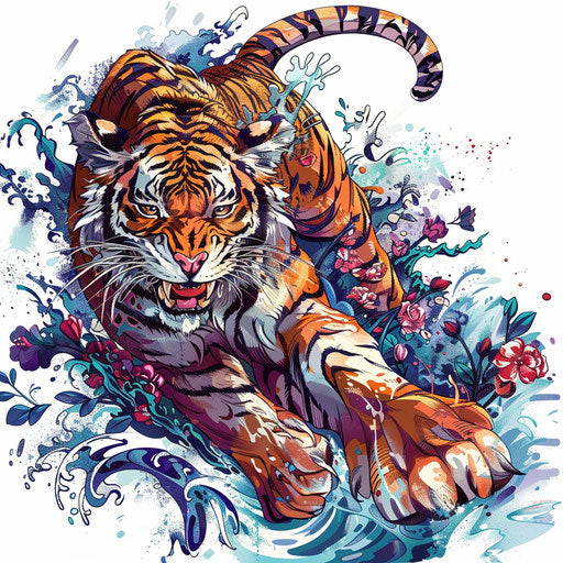 Fierce anime tiger leaping with tattoo art