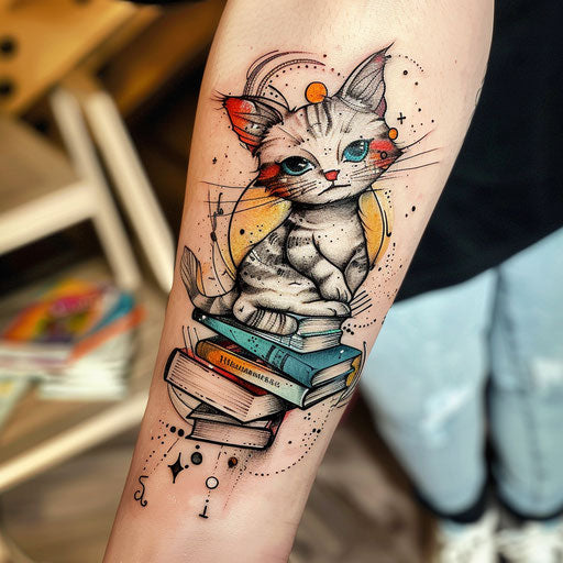 Surreal tattoo sketch of a cat balancing books
