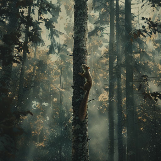 Squirrel climbing a tall tree in a dense forest
