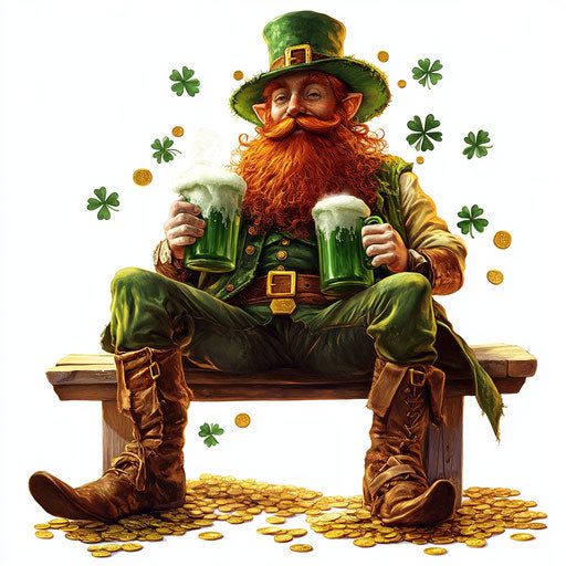 Leprechaun with red beard drinking beer on bench