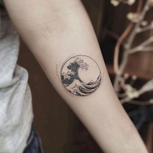 Tranquil flat tattoo sketch of a circle with minimalist wave design