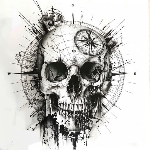 Skull with compass and map tattoo on white background