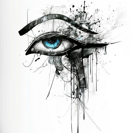 Stylized Eye of Horus tattoo artwork with abstract and realistic elements on white background