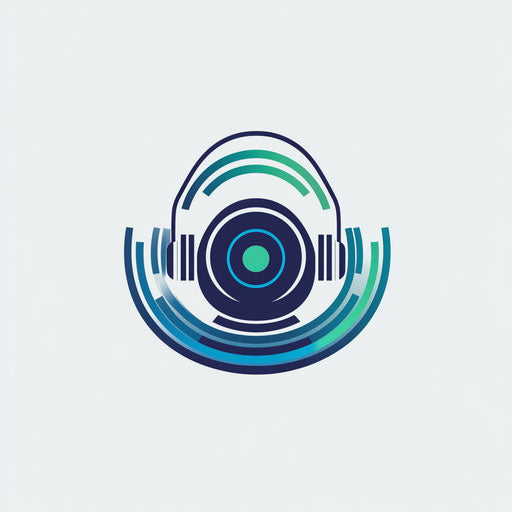 Minimalist DJ logo with abstract vinyl and headphone symbol, sleek typography, blue and green colors, on flat light gray background