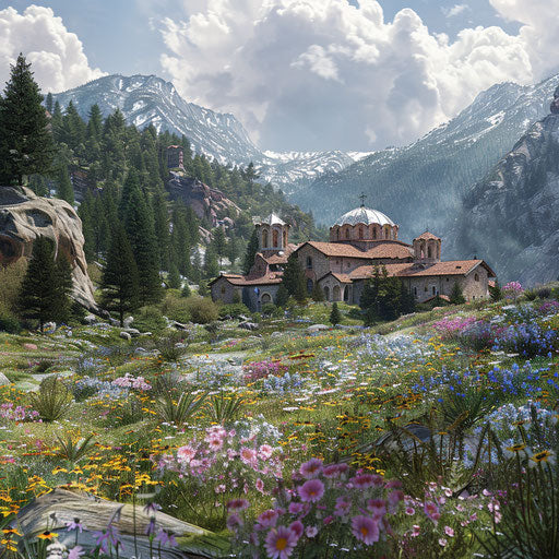 Rila Monastery with rugged terrain, blooming wildflowers