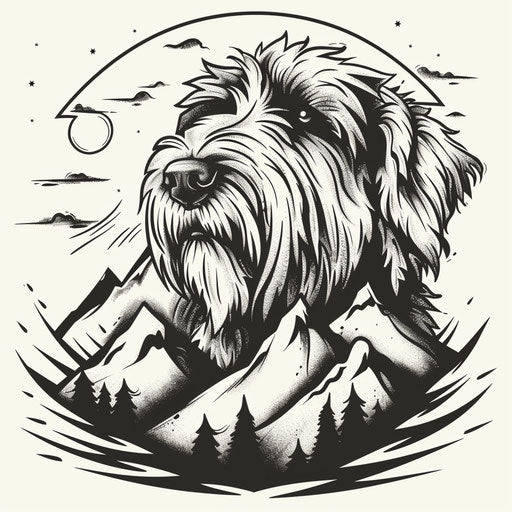 Adventure-themed clipart style flat tattoo sketch for a dog outline tattoo with an exploring Bearded Collie and mountain range