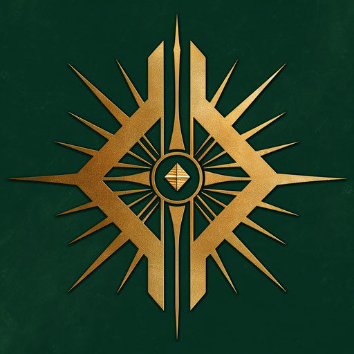 Art deco travel logo with angular designs on dark green background