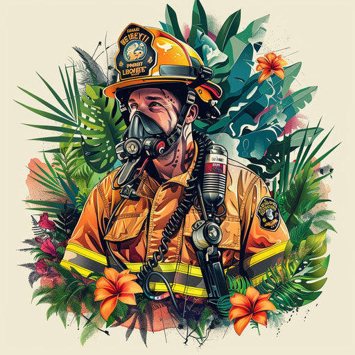 Tropical firefighter in exotic flat tattoo sketch