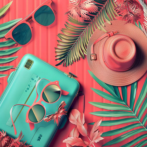 Realistic travel clipart on flat, vibrant coral background