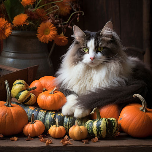 Norwegian forest cat resting with pumpkins