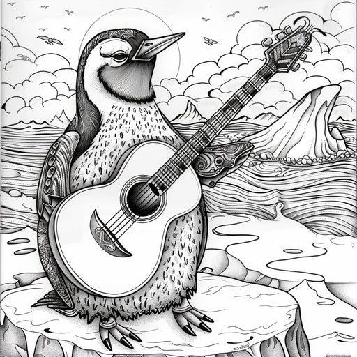 A whimsical penguin playing the guitar on an ice stage. Coloring book page