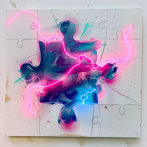 Neon puzzle tattoo design in pink and blue on white canvas