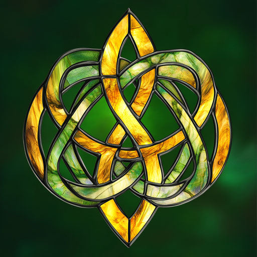 Celtic Triquatra symbol, stained glass style, green background