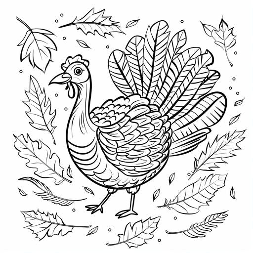 Simple outline of a turkey surrounded by fall leaves