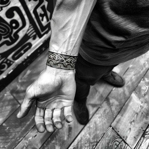 Men's wrist tattoos with tribal armbands, Glenn Fabry style, on wrist