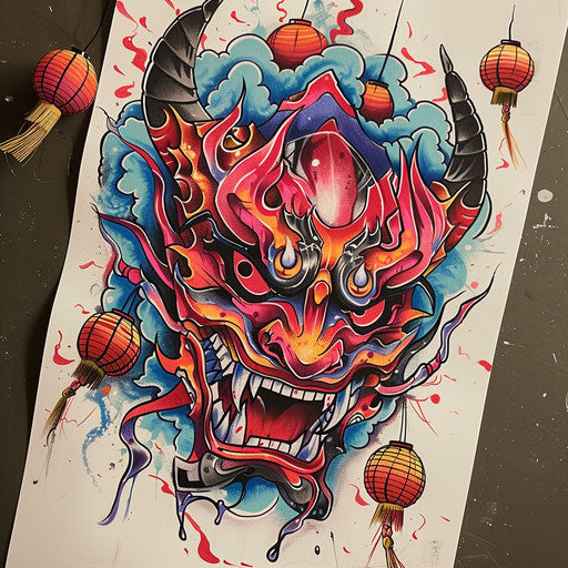 Dynamic sketch of a Hannya mask in a lively festival setting with lanterns