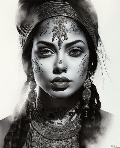 Portrait of an Indian woman in black and white in the style of cristina mcallister