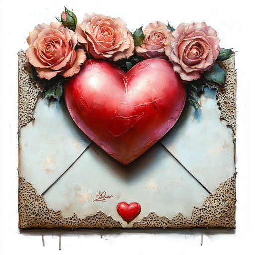 Valentine's Day: Envelope with lace, roses, big red heart on white background