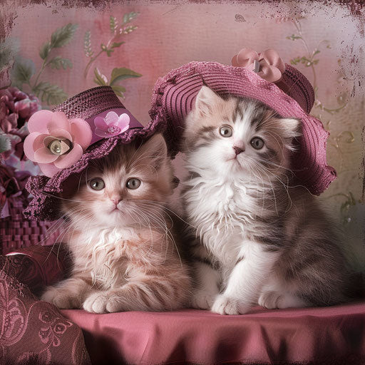 Adorable kittens in light pink and maroon hats