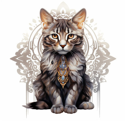 Cat sitting on white background, dark silver and dark maroon style