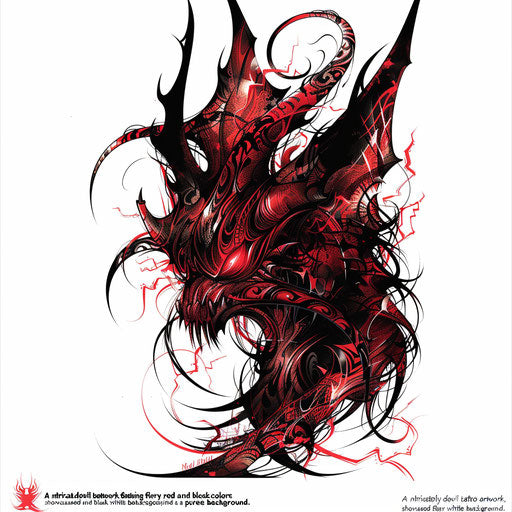Intricate devil tattoo in red and black on white background