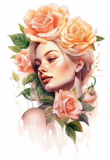 Watercolor rose portrait with green leaves, trompe-l'oeil style, holotone printing, light pink and light orange