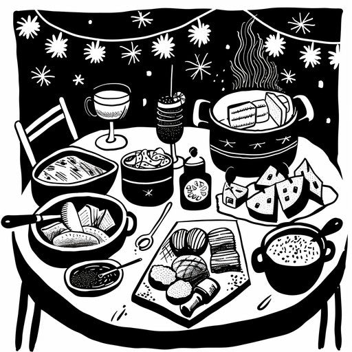 Warm winter gathering with hot dishes and drinks