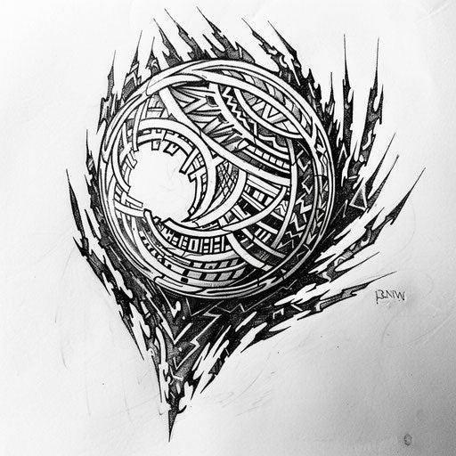 Tribal-inspired disco ball tattoo sketch with intricate patterns