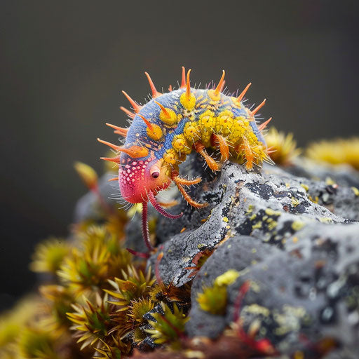 Colorful annelid on a moss-covered rock