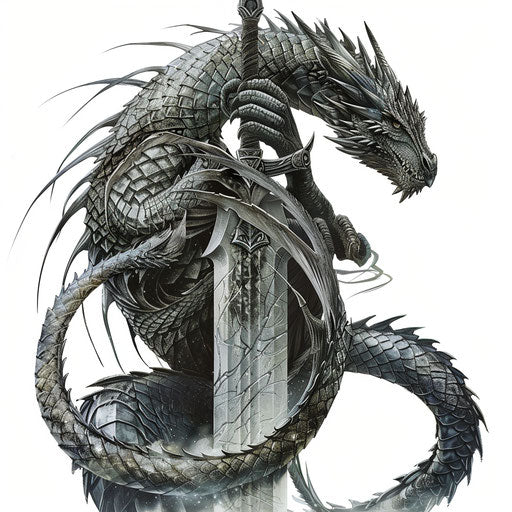 Majestic gothic dragon coiled around a sword