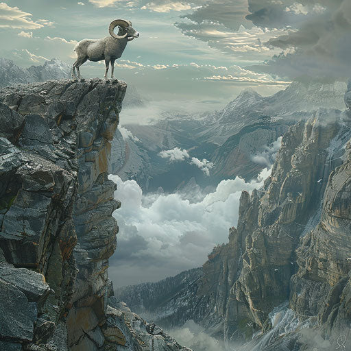 Horned sheep in a fantastical mountain landscape