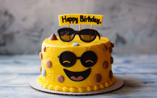 Emoji cake with sunglasses and 'Happy Birthday' in yellow