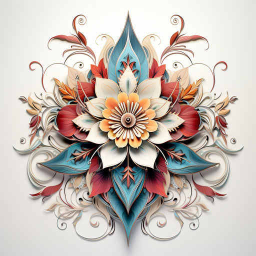 Elaborate flower on white background, tattoo-inspired, Indian scenes