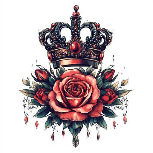 Delicate royal tattoo with rose encircling a crown