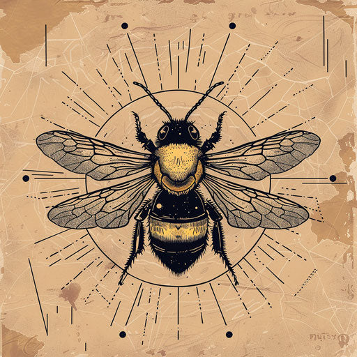 Rustic tattoo sketch of a queen bee with woodcut textures and earthy colors in a simple clipart style