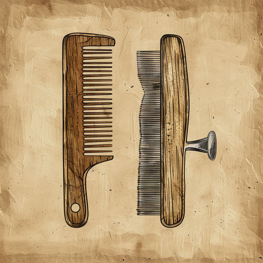 Flat rustic tattoo sketch of a wooden barber comb and old-fashioned razor