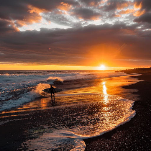 Surfer riding a wave on a black sand beach at sunset
