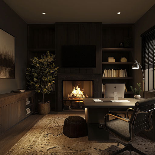Home office with cozy fireplace and lounge area