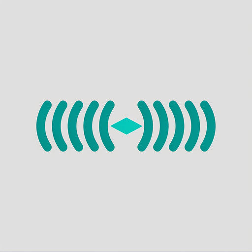 Audio logo in teal and white with minimalist gray background