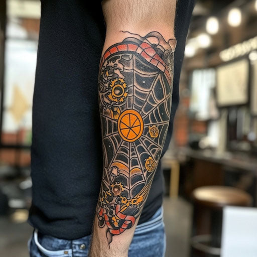 Spiderweb elbow tattoo with steampunk elements, Steve Sack style