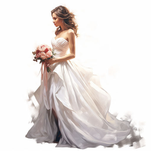 Wedding dress clipart in the style of Oil painting, on a white background