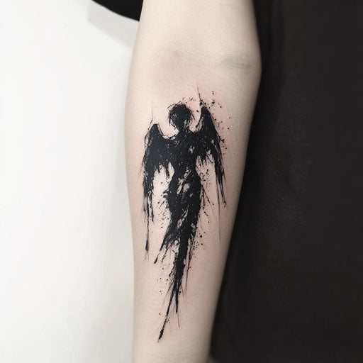 Inner forearm tattoo with dark angel and broken wings