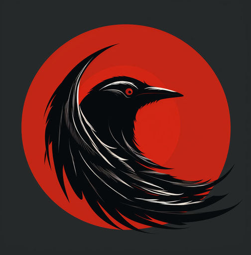Black and red crow on a crescent - minimalistic design