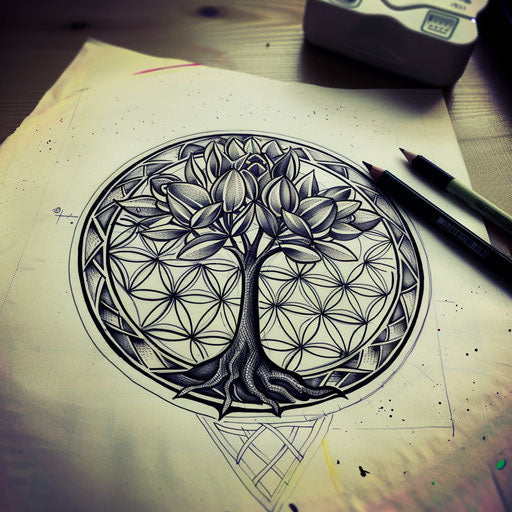 Tribal tattoo sketch of the Flower of Life with traditional patterns