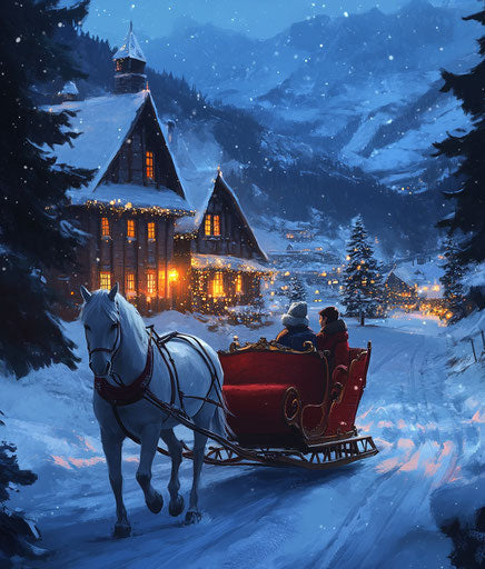White horse pulling red sleigh in snowy Christmas village at night