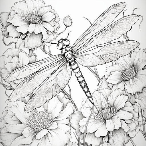 Dragonflies and flowers, adult coloring book
